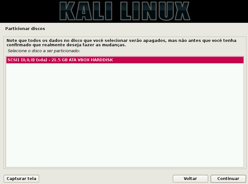 Kali Linux - selecionar discos