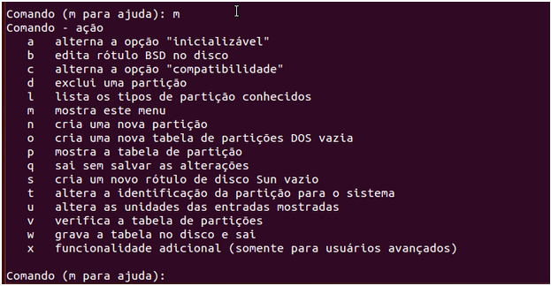 Opções do comando fdisk no Linux