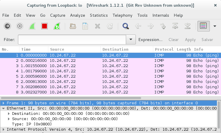 Interface de loopback no Wireshark