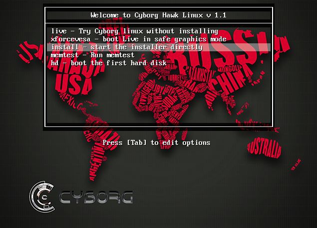 Tela do instalador do Cyborg Hawk Linux