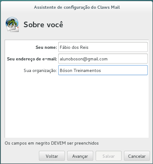 Assistente de configuração do Claws Mail