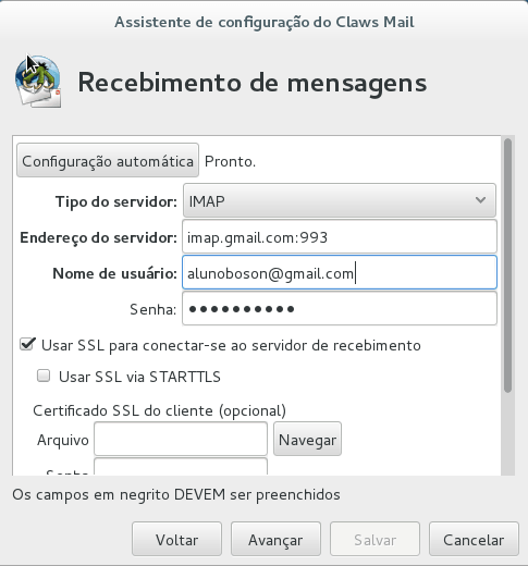 Assistente de configuração do Claws Mail - IMAP