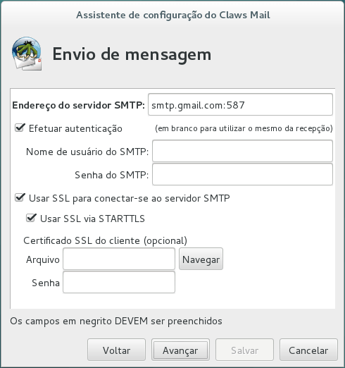 Assistente de configuração do Claws Mail SMTP
