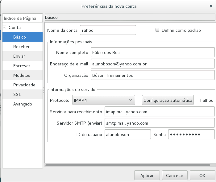 Claws Mail - Preferências de nova conta - IMAP e SMTP
