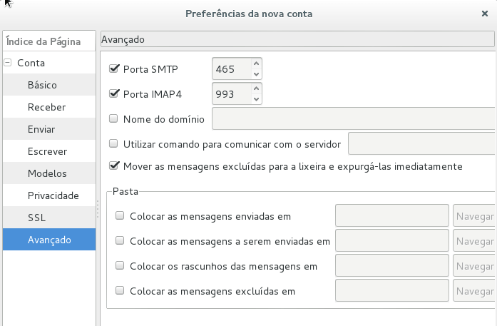 Cliente de correio Claws Mail - portas 465 e 993