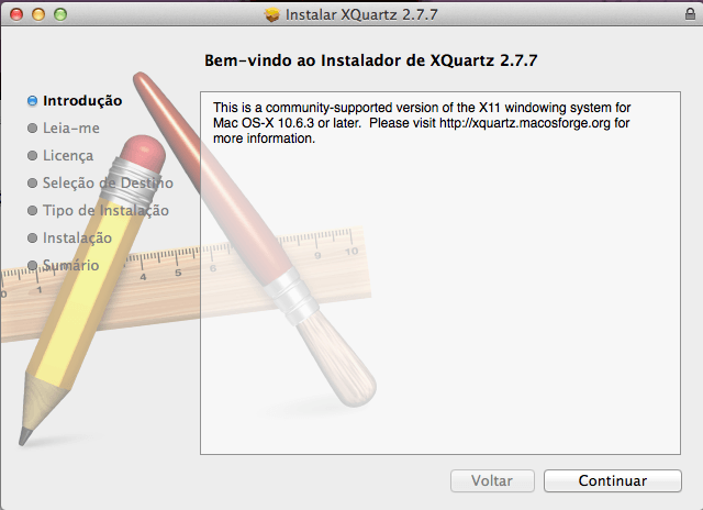 Instalador do XQuartz no Mac OS X Mavericks