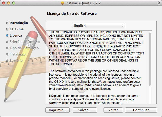 Instalador do XQuartz no Mac OS X - Licença