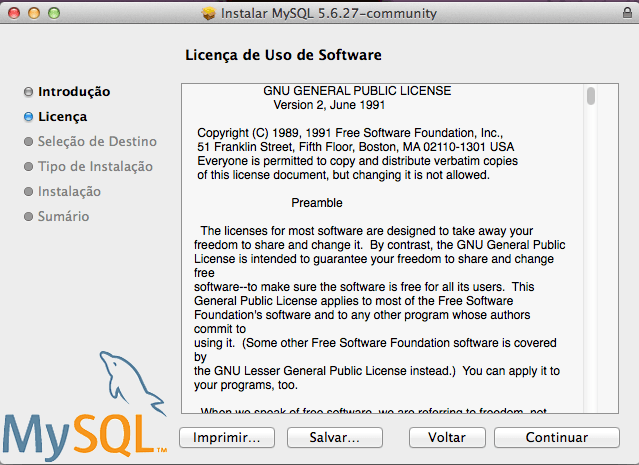 Instalar o MySQL para Mac OS X Yosemite e Mavericks - Licença