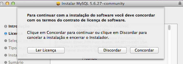 Instalar o MySQL para Mac OS X Yosemite e Mavericks - Concordar com a Licença