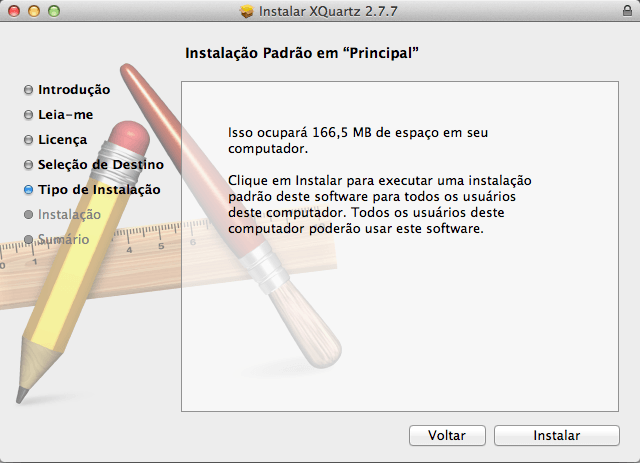 Instalar XQuartz no Mac OS X - Tipo de Instalação
