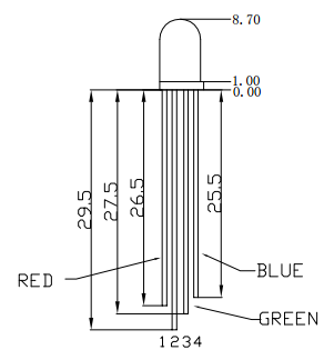 LED RGB - Dimensões e pinagem