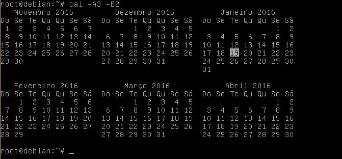 Comando cal no Linux com meses anteriores e posteriores