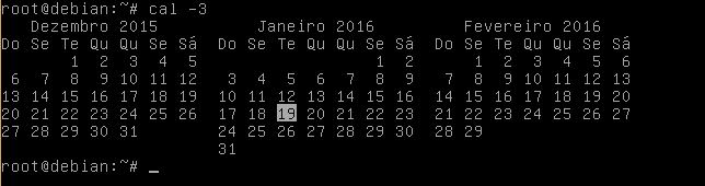 Comando cal mostrando três meses no Linux Debian