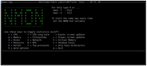 Tela inicial do nmon - Linux
