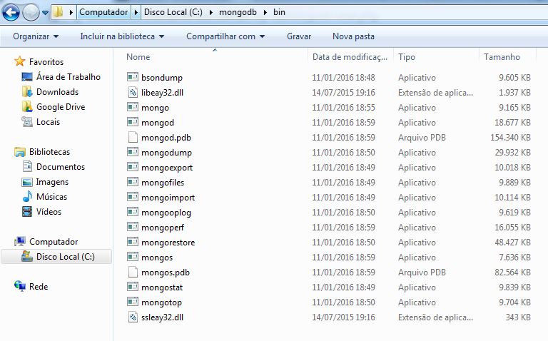 Arquivos executáveis do MongoDB NoSQL no Windows