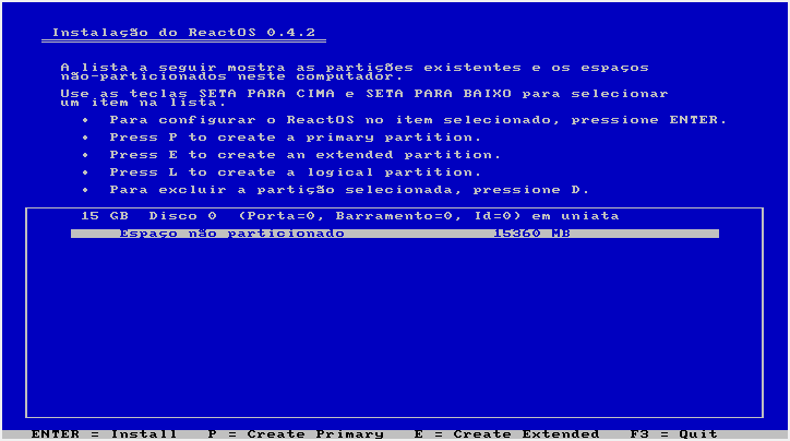 Particionamento de disco para instalação do ReactOS