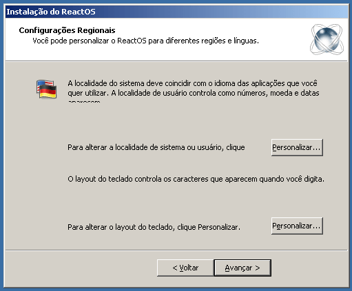 Configurações Regionais no sistema ReactOS