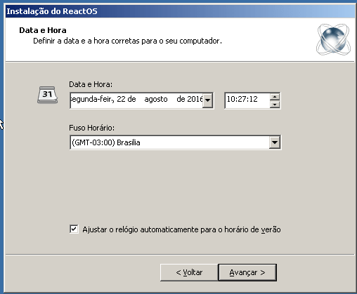 Configurando Data, Hora e Fuso Horário no ReactOS