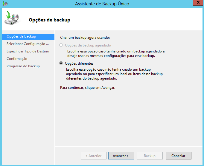 Selecionar opções de Backup no Windows Server 2012 R2
