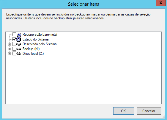Selecionar itens de backup do estado do sistema no Windows Server 2012 R2