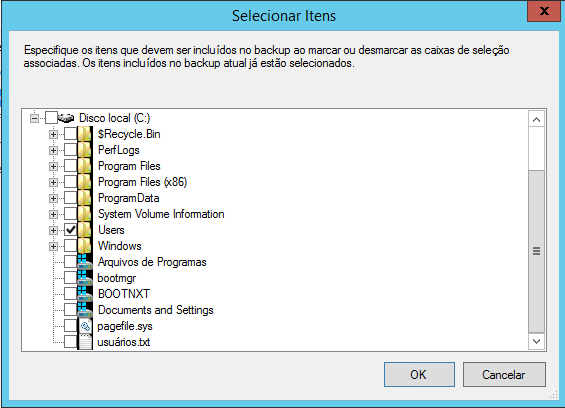 Selecionar Itens para Backup no Windows Server 2012
