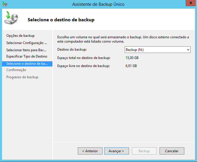 Especificar tipo de destino para Backup no Windows Server 2012