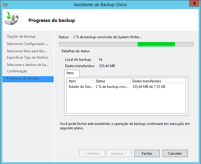 Finalizando o backup do estado do sistema no Windows Server 2012 R2