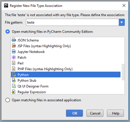 Registrar associação de arquivos do Python no PyCharm