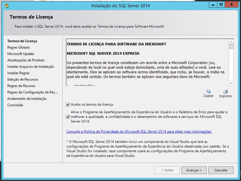 Termos da Licença do SQL Server 2014