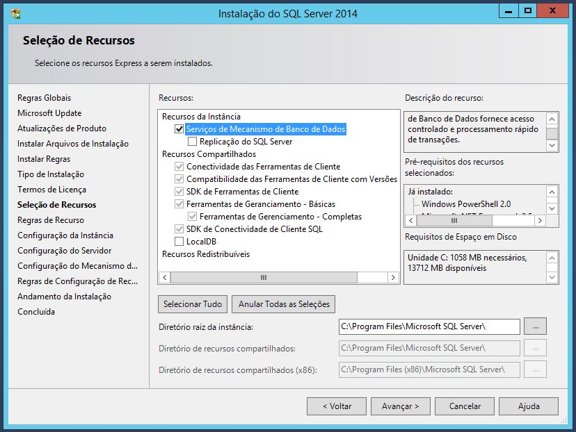 Selecionando recursos do SQL Server 2014