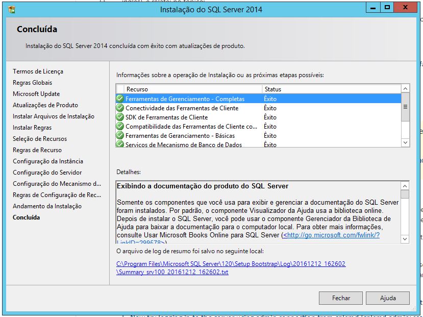 Instalação do SQL Server 2014 concluída