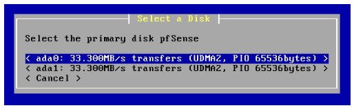 Seleção do disco primário, após pressionar “​enter” ​ escolha a segunda unidade para realizar o espelhamento. - firewall pfSense