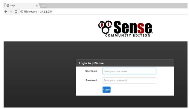 Tela de ​login do ​Pfsense, ​ usuário “admin” senha “pfsense”
