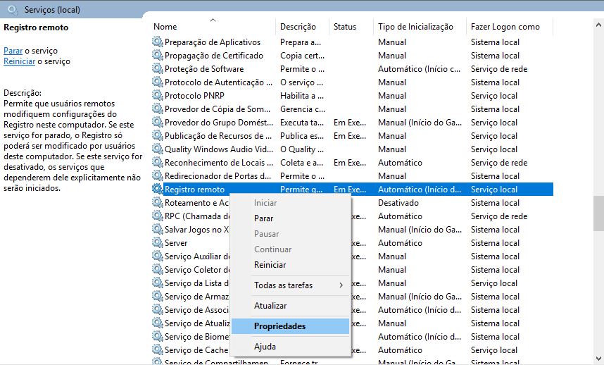 Serviço de Registro Remoto no Windows 10