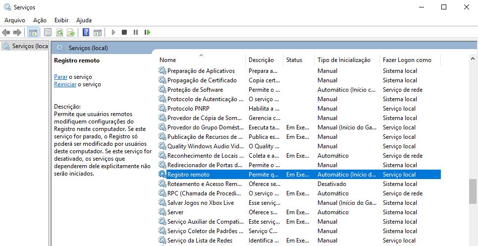Serviço de Registro Remoto no Microsoft Windows 10