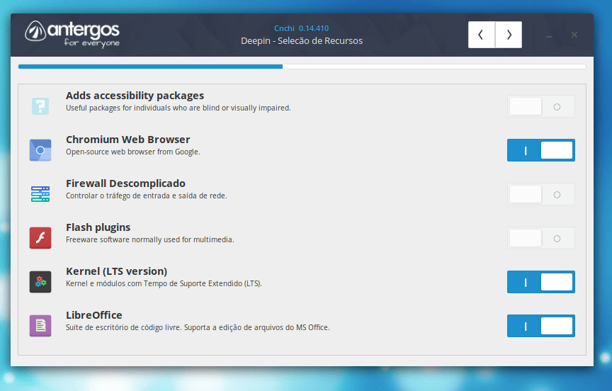 Seleção de Recursos do ambiente Deepin no Antergos Linux