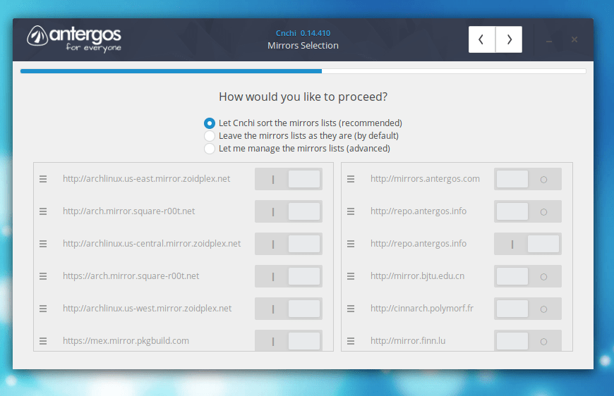 Selecionar Espelho de Rede no Linux Antergos
