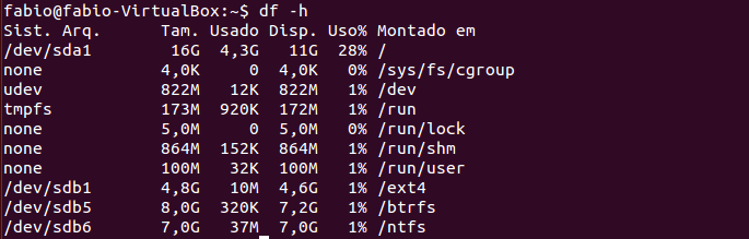 Consultar partições usando o comando df -h no Linux