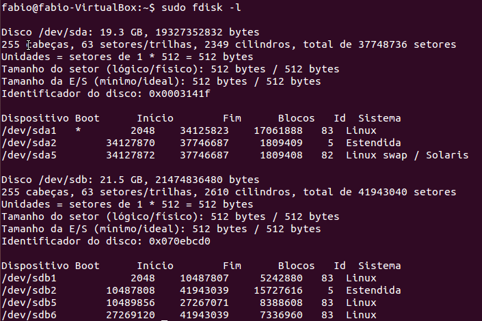Verificar partições com fdisk -l no Linux