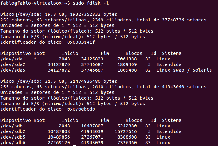 Verificar as partições com fdisk -l no Linux