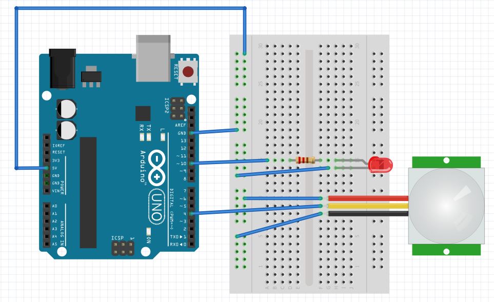 Conexão do sensor PIR HC-SR501 em uma protoboard com Arduino